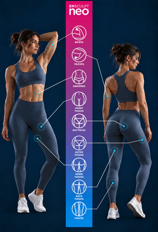 EMSCULPT NEO treatment areas, Square Mile Clinic, City of London Front body, back body and legs with EMSCULPT NEO treatment areas at Square Mile Clinic